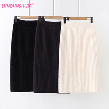 LUNDUNSHIJIA Women Back Slit Elegant Midi Pencil Skirt Winter Casual Thicken Knitted Skirt High Waist Jupe Skirts Femme Faldas 2024 - buy cheap