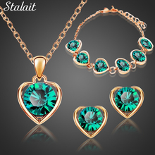 Fashion Gold Color Green Crystal Necklace Pendant Earrings Bracelet Heart Jewelry Set For Women Christmas Party Jewelry 2024 - buy cheap