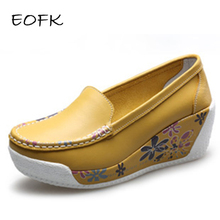 EOFK Women Wedges Shoes Woman Platform Leather Loafers Slip on Women's Shoes Flats Female Moccasins Height Increasing Casual Pu 2024 - buy cheap