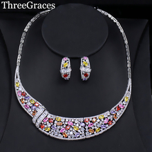 Threegrace conjunto de joias de cor prata, multicolor zircônia colar de noiva para mulheres luxo vestido de casamento acessórios js011 2024 - compre barato