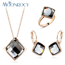 MOONROCY Rose Gold Color Crystal Necklace Earrings and Ring Jewelry Sets Geometryfor women Girls Gray Brown Crystal Sets Gift 2024 - buy cheap
