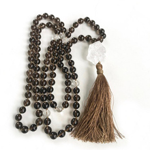 Smokey Q-uartz Tassel Mala Necklaces 108 Beads Knotted Mala Necklace Raw Clear Q-uartz Necklace Spiritual Boho Jewelry 2024 - buy cheap