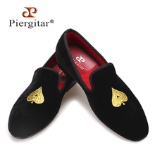 Piergitar novos projetos feitos à mão homens velvets sapatos com ouro poker coração bordado moda festa e casamento sapatos vestido 2024 - compre barato