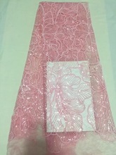 Pink tulle lace african sequin lace fabric best quality glitter dress nigerian sewing material for women 5yard/lot 2024 - buy cheap