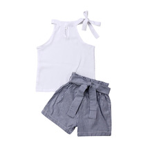 Emmaaby/Летняя модная одежда для маленьких девочек, белые топы, синие шорты в полоску, штаны, комплект одежды из 2 предметов 2024 - купить недорого