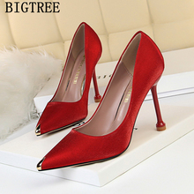 BIGTREE 2019 New Concise Solid Silk Wonen Pumps Fashion Office Shoes Women Sexy High Heels Shoes Women's Red Wedding Shoes 2024 - buy cheap