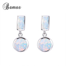 Bamos Unique Square&Round White Fire Opal Bridal Drop Earrings For Women Silver Color Engagement Best Jewelry Gift 2024 - buy cheap