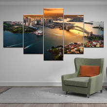 Arte da parede cartaz quarto decoração da lona fotos 5 peças sydney opera house edifício barco seascape pintura pôr do sol paisagem 2024 - compre barato