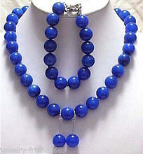 Jewelry genuine 12mm blue jade Necklace bracelet earring sets >>  plated watch wholesale Quartz jade CZ crystal 2024 - buy cheap