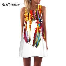 BHflutter Brief White Dress Women New Fashion Feather Printing Short Chiffon Dress Sleeveless O neck Summer Style Casual Dresses 2024 - buy cheap