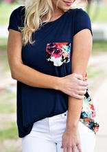 Женская футболка с коротким рукавом, летняя, с цветочным принтом и карманами, темно-синий, в стиле Харадзюку, 2019 2024 - купить недорого