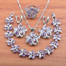 Russian style Wedding Silver Color Jewelry Set  Natural Purple Crystal For Women Earrings Necklace Pendant Rings Bracelet JS0533 2024 - buy cheap