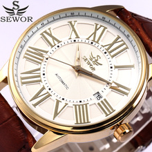 SEWOR Brand Men Skeleton Mechanical Watch Gold Classic Roman Numeral Brown Leather Casual Automatic Watch Relogio Masculino 2024 - buy cheap