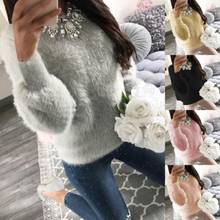 ELSVIOS Women Fleece Warm Autumn Winter Sweater Fashion O Neck Long Sleeve Knitted Sweaters Casual Solid Elegant Pullovers Tops 2024 - buy cheap