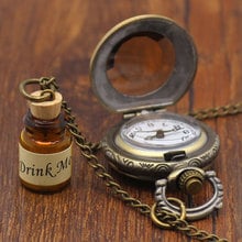 Hot Vintage Bronze Drink me Wishing Bottle Pocket Watch with Chain Necklace Pendant Gift For Alice Fan 2024 - buy cheap