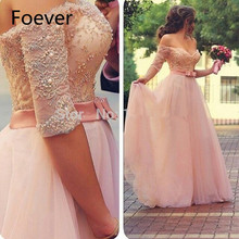 New Arrival A Line Nude Pink Tulle Lace Appliques Top Pearls Arabic Designer Long Off The Shoulder Evening Dresses 2024 - buy cheap