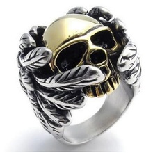 Black Silver color Tone Feather Gold Tone Skull 316L Stainless Steel Ring Mens Ring 2024 - buy cheap