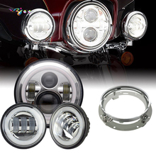 wzjoo Motorcycle Set  7 Inch Halo LED Headlight Projector + Adapter Ring + 2X 4-1/2" Passing Lamps Halo Ring For motorcycle 2024 - buy cheap