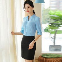 Ladies Sky Blue Blouses Women Business Suits 2 Piece Pant Skirt and Top Sets Half Sleeve Shirts Female Work Clothes 2024 - buy cheap