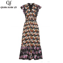 Qian Han Zi 2019 New Designer Fashion Summer Dress Women's ruffled sleeves V-neck retro printed belt slim vintage dress 2024 - buy cheap