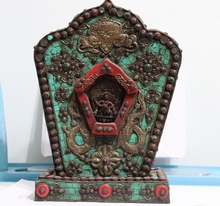 Tibet Copper Handwork inlay Turquoise Coral Mahakala Buddha Tangka Statue 2024 - buy cheap