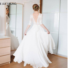 E JUE SHUNG White Chiffon Lace Boho Wedding Dresses V-neck Half Sleeves Backless Beach Wedding Gowns Bride Dress robe mariage 2024 - buy cheap