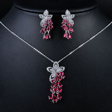 Women's Fashion White Gold Color Filled CZ Red colors Necklace+Earrings Flower Wedding Jewelry Sets GLDT0697 2024 - buy cheap