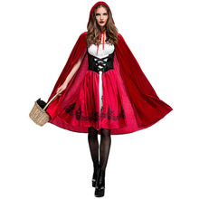 Women Little Red Riding Hooded Costume Halloween Party Robe Lady Embroidery Dress +Cloak Cosplay Fantasia Game Uniform 2024 - buy cheap