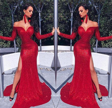 2019 Cheap Red Sequins Prom Dress Off the Shoulder Long Sleeves Pageant Holidays Graduation Wear Evening Party Gown Plus Size 2024 - buy cheap