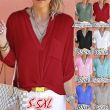 Women V Neck Chiffon Blouses Spring Long Sleeve Solid Shirts Pocket Femininas Loose Female Tops 2024 - buy cheap