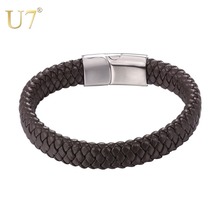 U7 pulseira de couro genuíno masculina, bracelete de couro preto, marrom, com fivela magnética de aço inoxidável 2024 - compre barato