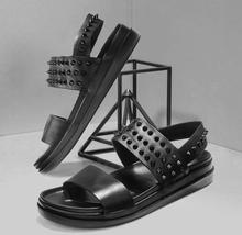 Men's sandals new summer fashion open-toe black genuine cow leather rivets Roman sandals 4cm heel height 2024 - buy cheap