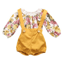 Toddler Baby Girls Clothes Set Cute Flowers Long Sleeve Romper+Suspenders Short Overalls Pants Infant Clothing Suit 2024 - buy cheap