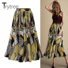 Trytree Summer Autumn Casual Skirt Women Polyester Print High Elastic Waist A-Line Skirt Mid-Calf Fashion Office Lady Skirts 2024 - buy cheap
