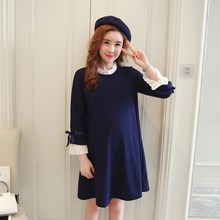 Korean fashion pregnant women autumn and winter plus velvet thick sweet lace stand collar dress 2024 - buy cheap