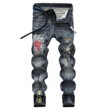 Стрейчевые джинсовые брюки, потертые повседневные рваные джинсы, Мужские обтягивающие джинсы в байкерском стиле, потертые обтягивающие эластичные байкерские джинсовые брюки синего цвета 28-42 2024 - купить недорого