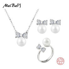 MeiBaPJ 925 Sterling Silver Bow Tie Suit Genuine Nearround Freshwater Pearl Earrings/Ring/Necklace Jewelry Set For Women 2024 - buy cheap