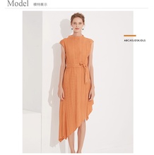 HOT SELLING Fashion Miyake fold solid sashes dress sleeveless  stand collar irregular dress  IN STOCK 2024 - buy cheap