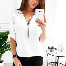 5XL Plus Size Casual White Blouse Shirt Women Casual Zipper V Neck Long Sleeve Solid Loose Blouse Womens Tops And Blouses 2024 - buy cheap