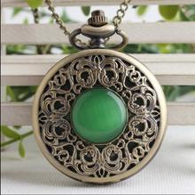 Vintage Bronze imitation Emerald gem pocket watch Hollow Men Women Quartz Pocket Watch Necklace Pendant gift watches P0088 2024 - buy cheap