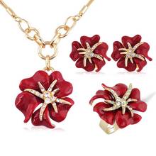 Fashion Wedding Jewelry Sets Hot Sale Gold-color Rhinestone Enamel Earring/Necklace/Ring Rose Flower Jewelry Set For Woman 2024 - buy cheap