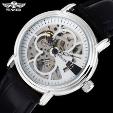 2016 WINNER popular brand men fashion automatic self wind watches skeleton white dial transparent glass silver case leather band 2024 - buy cheap