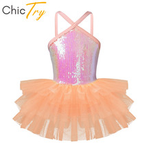 Vestido de balé infantil com lantejoulas, malha tutu de balé para meninas, traje de dança para palco, ginástica 2024 - compre barato