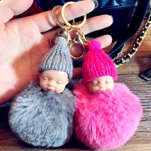 Cute pompom keychain Sleeping Baby key chain fluffy fake rabbit fur ball women car bag pompon key ring pom pom holder Gift 2024 - buy cheap