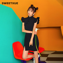 SWEETXUE Vintage Black Cheongsam Dress 2019 Women Elegant Slim-Fitting Mini Casual Party Solid Color Dresses Summer Vestidos 2024 - buy cheap