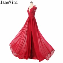 JaneVini Elegant Chiffon Dress Women For Wedding Party Sexy High Split Red Bridesmaid Dresses Long V-Neck Floor Length Gown 2018 2024 - buy cheap