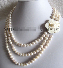 Wholesale free shipping 100% Natural jewelry 17-20" 6-8mm 3row White Freshwater Pearl Necklace Shell Clasp 2024 - buy cheap
