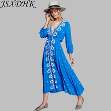 Женское длинное пляжное платье JSXDHK, голубое Хлопковое платье с цветочной вышивкой и глубоким v-образным вырезом на лето, 2019 2024 - купить недорого