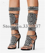 2019 New Fashion Women Open Toe Rhinestone Mid-calf High Heel Boots Strap Wrap Crystal Gladiator Boots Knight Boots 2024 - buy cheap