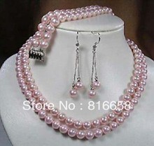 Модный очаровательный комплект из 2 рядов розовых жемчужин 8 мм серьги браслет + ожерелье 2024 - купить недорого